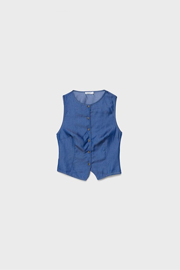 Sleeveless denim button-up top