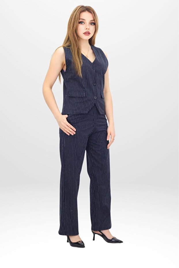 Women's Navy Blue Pinstripe Patterned Buttoned Vest and Wide-Leg Trousers Two-Piece Set