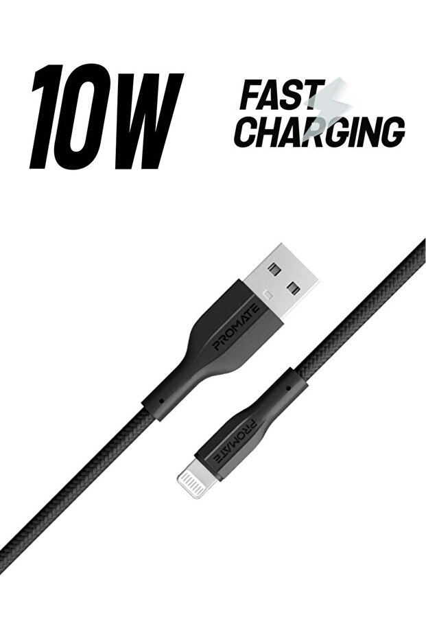 كابل USB-A إلى Lightning متين بقدرة 10 واط مع سرعة نقل بيانات تصل إلى 480 ميجابت في الثانية، أسود اللون