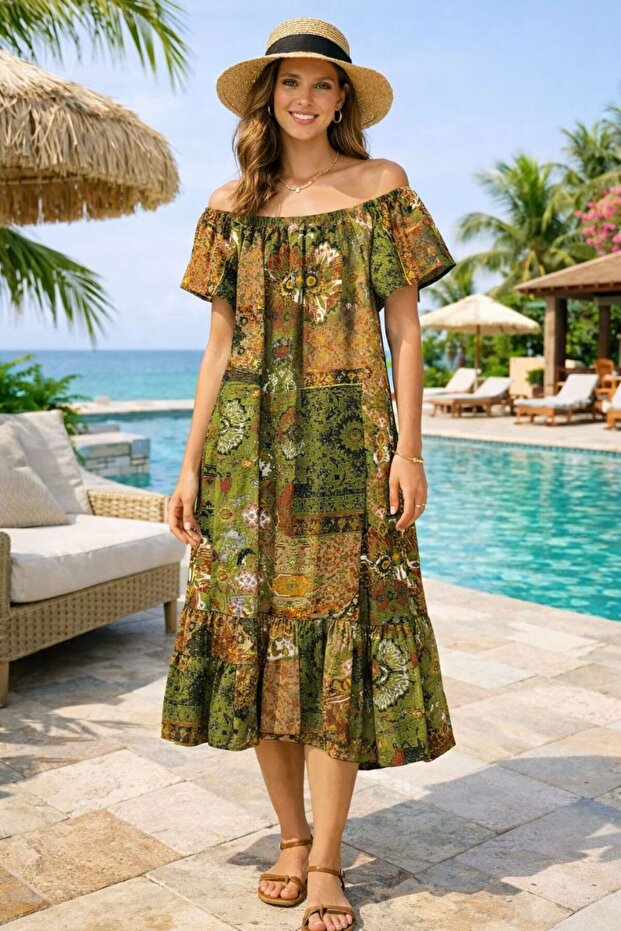 Women's Madonna Collared Patterned Side Short Sleeve Loose Dress