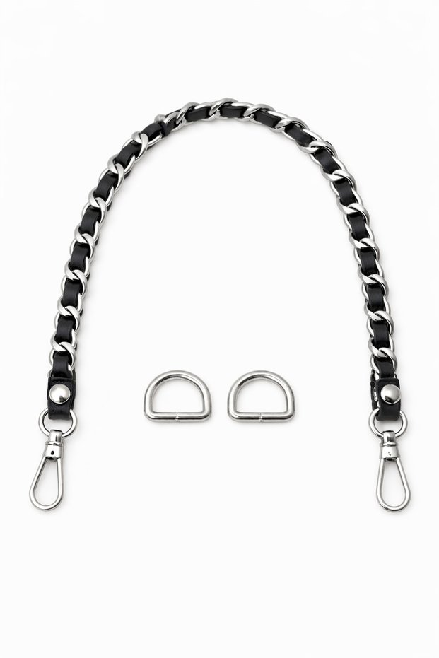 Black Leather Chain Bag Handle and Bag Front Decoration – with Silver Color Accessories – 45 cm