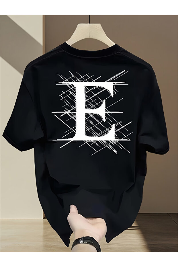Unisex Oversize E Printed Cotton Crew Neck Short Sleeve Black T-Shirt