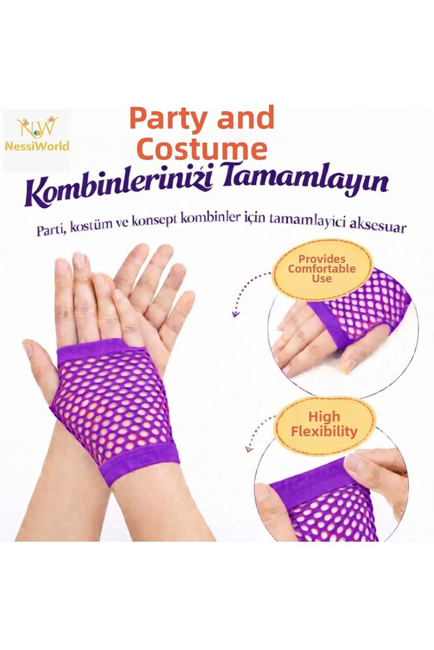 80S 90S Retro Purple Fishnet Fingerless Short Gloves 11 cm