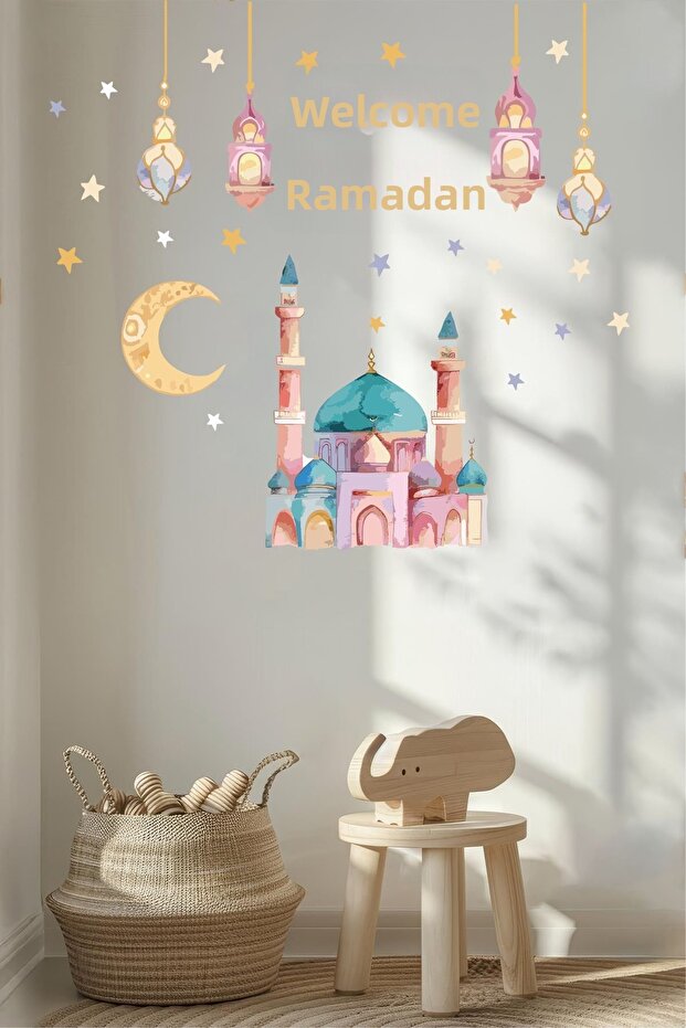 مجموعة ملصقات زجاجية وجدارية ليلة رمضان بألوان الباستيل
