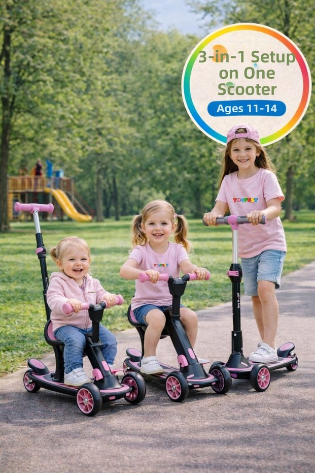 3-Mode Adjustable Scooter with Seat for Children, Scooter with Brake and Non-Slip Body - Pink