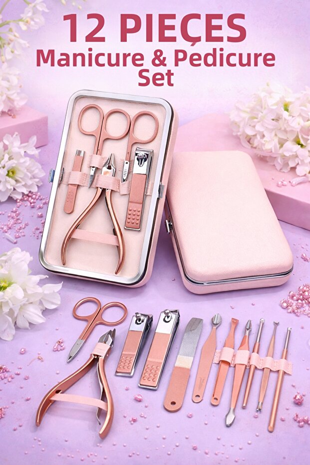 Portable Pink Steel Manicure Pedicure Set with Beige Bag - Set of 12