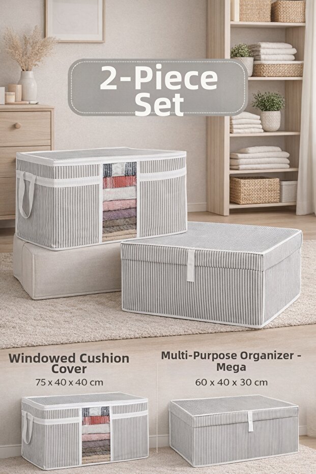 Set of 2 – Windowed Organizing Pillow Storage Bag & Multi-Purpose Gray Mega Item Clothing Storage Box