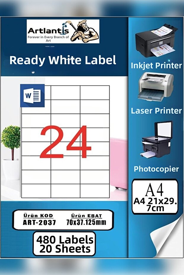 A4 Ready-Made Label 70X37.12 mm 20 Sheets 1 Pack of 24 Self-Adhesive Photocopy Laser Inkjet Paper