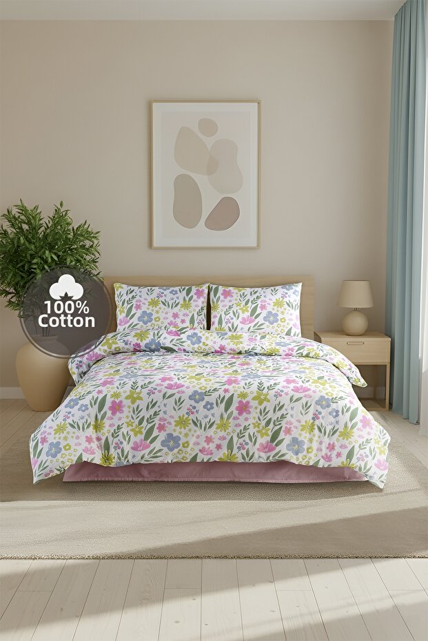 Flowers 100% Cotton King Size Duvet Cover Set