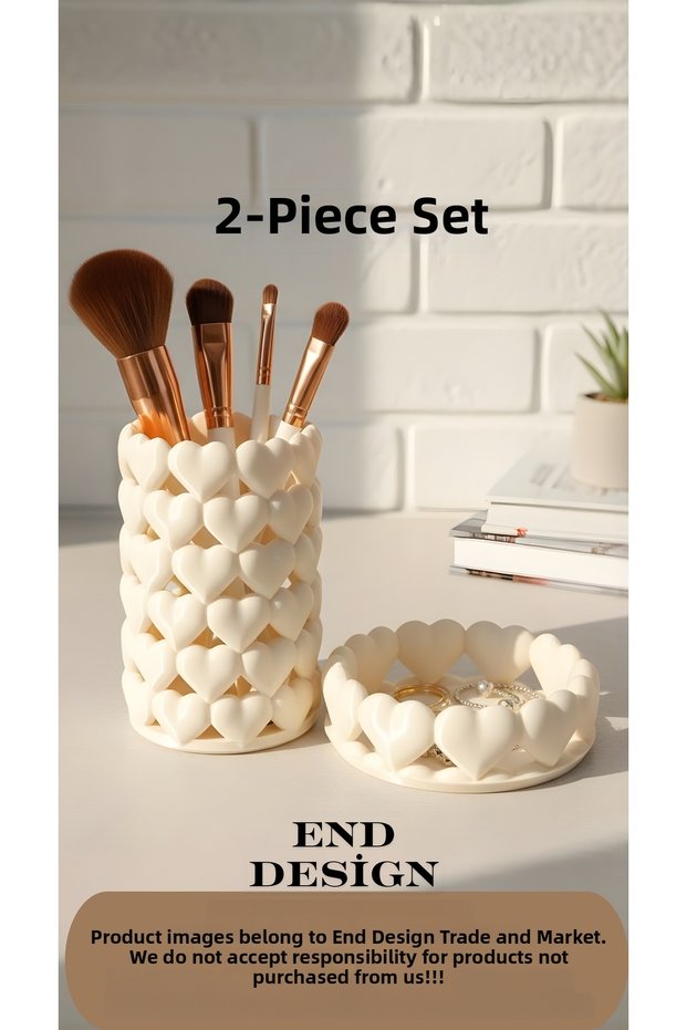 Sweet Hearts 11cm Set of 2 Aesthetic Heart-Shaped Makeup Organizer and Jewelry Organizer - Beige/Cream