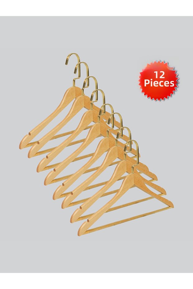 Wooden (Gold Hook Lama) Bar Hanger for Shirts and Trousers, Natural Color, 12 Pieces