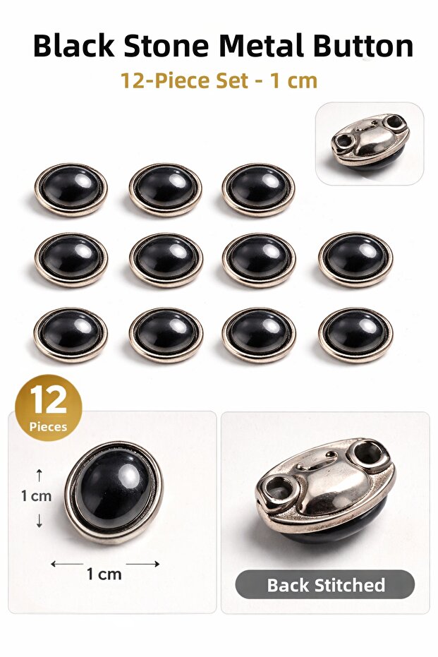 Anthracite Stone Metal Button – Decorative Button for Jackets, Bags, Shirts, DIY (12 Pieces)