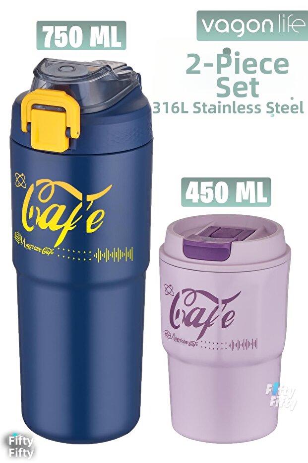 2-piece steel thermos-coffee cup set 750ml dual use thermos//450ml mug coffee cup