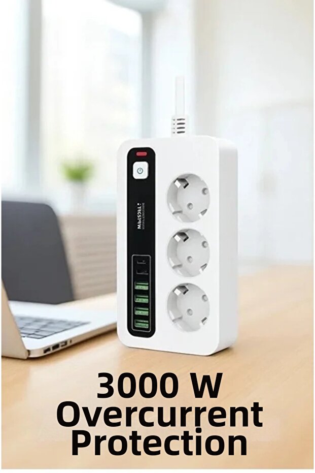 P10 3x مقبس كهربائي متعدد بقوة 3000 واط مع حماية من التيار الزائد، 4 منافذ USB، 2 منفذ Type-C - 2