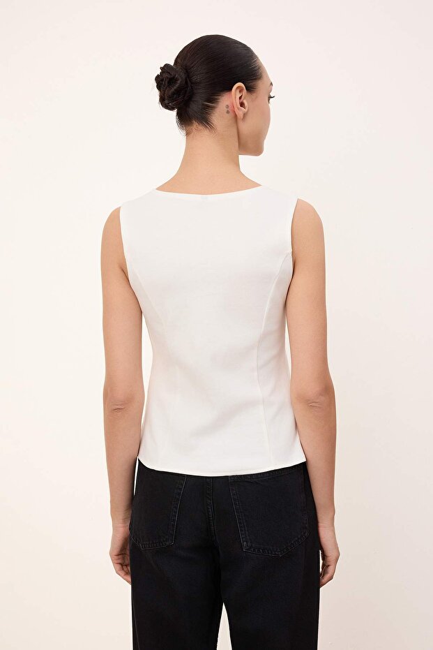 Wardrobe Essentials-Ekru Fitted/Vücuda Oturan Fermuarlı Kolsuz İnterlok Örme Bluz TWOSS26BZ00012 - 4