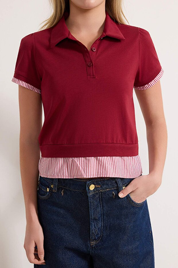 Bordo Regular/Normal Kalıp Polo Yaka Dokuma Detaylı Tok %100 Pamuk Örme Bluz TWOSS26BZ00263 - 3