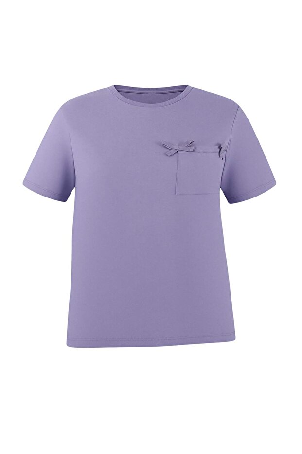 Lila Loose Fit Cepli Fiyonk Detaylı Büyük Beden T-shirt TBBSS25BF00030 - 4
