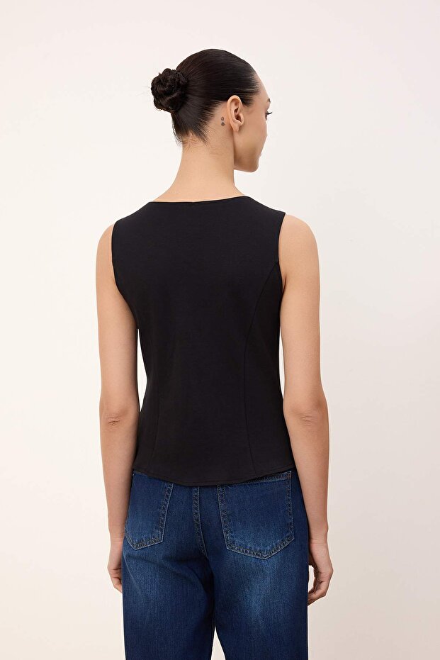 Wardrobe Essentials-Siyah Fitted/Vücuda Oturan Fermuarlı Kolsuz İnterlok Örme Bluz TWOSS26BZ00012 - 4