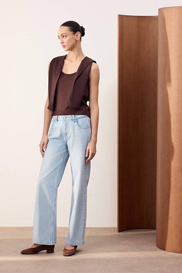 Trendyolmilla Wardrope Essentials Mavi Düşük Bel 100% Pamuk Wide Leg Geniş Paça Jeans TWOSS26JE00131 - 3
