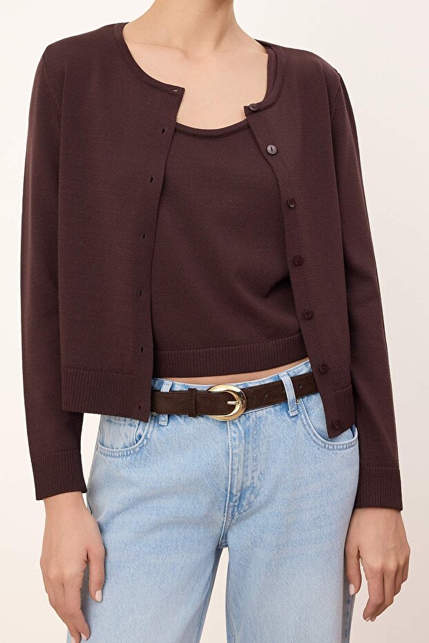 Kahverengi Wardrobe Essentials Premium İplik Rayon Görünümlü Triko Hırka-Bluz Takım TWOSS26HI00001 - 3