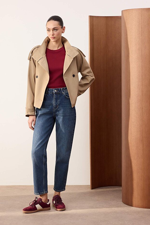 Trendyolmilla Wardrope Essentials Mavi Yüksek Bel Az Esnek Bilek Boy Mom Jeans TWOSS26JE00109 - 2
