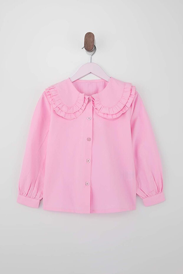 Pembe Kız Çocuk Bebe Yaka Dokuma Uzun Kollu Gömlek TKDSS26GO00002 - 2