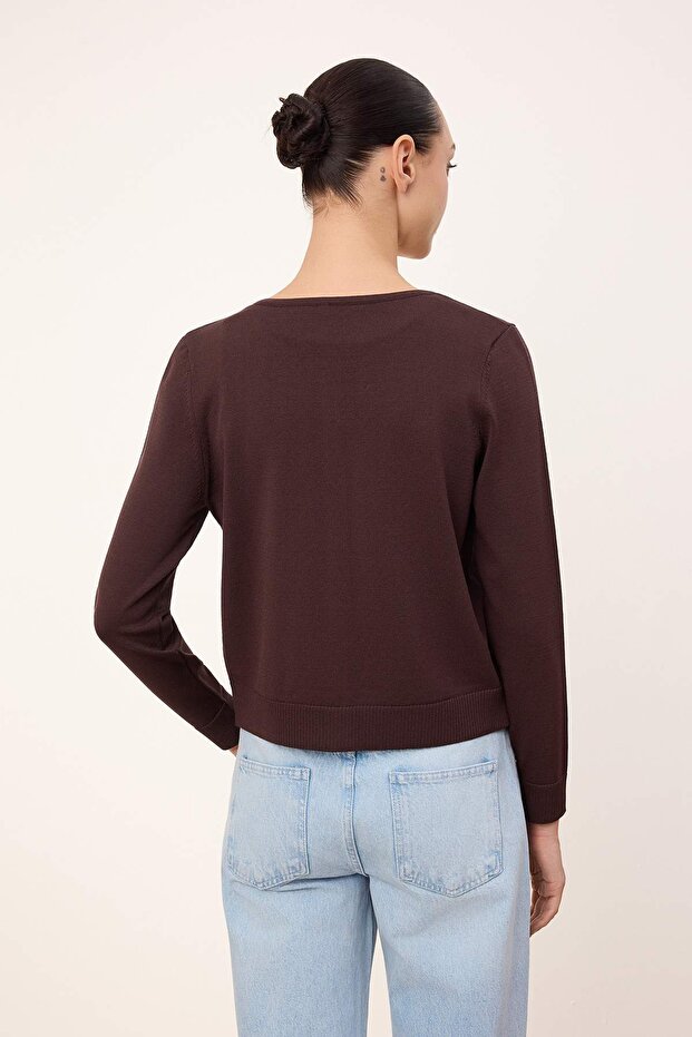 Kahverengi Wardrobe Essentials Premium İplik Rayon Görünümlü Triko Hırka-Bluz Takım TWOSS26HI00001 - 4
