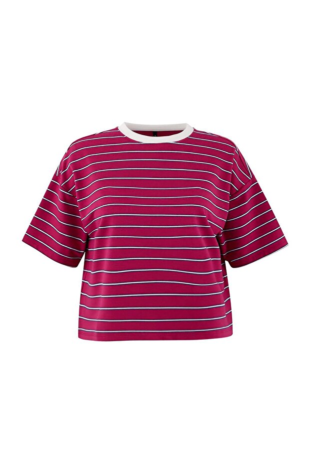 Teen Kırmızı Çizgili Boxy/Relaxed Kalıp Kısa Kollu Tok Pamuk Karışımlı Örme T-Shirt TWOSS26TS00048 - 5