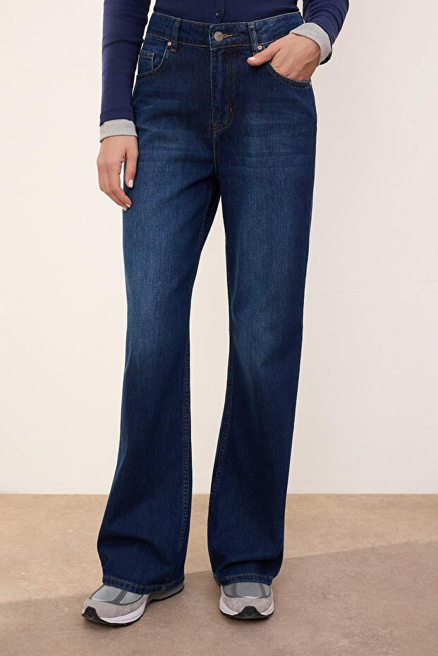Trendyolmilla Wardrope Essentials Koyu Mavi DÖKÜMLÜ Yüksek Bel Wide Leg Jeans TWOSS26JE00128 - 5