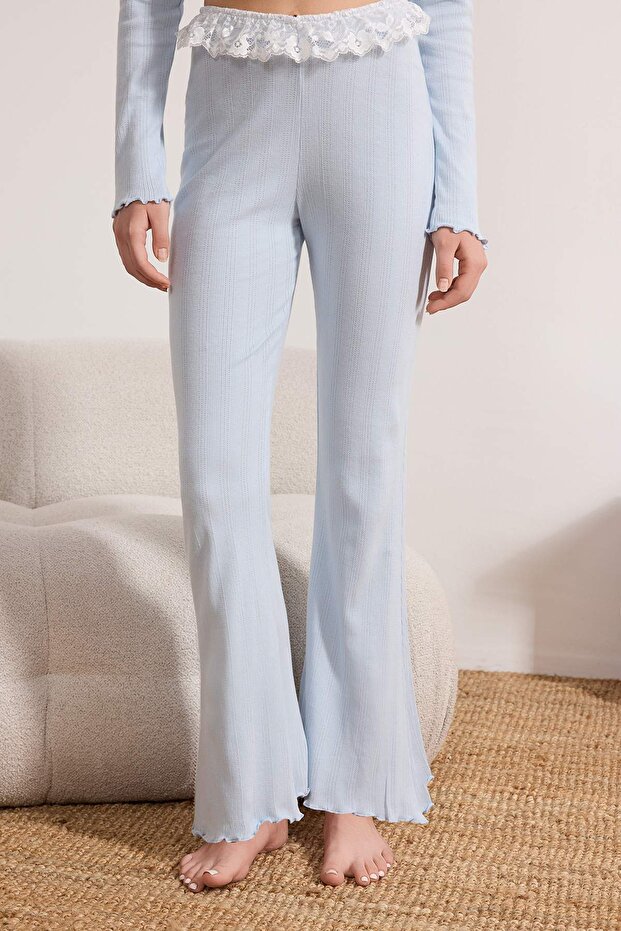 Açık Mavi %100 Pamuklu Dantel Detaylı Fitilli/Pointel Örme Pijama Takımı THMSS26PT00016 - 4