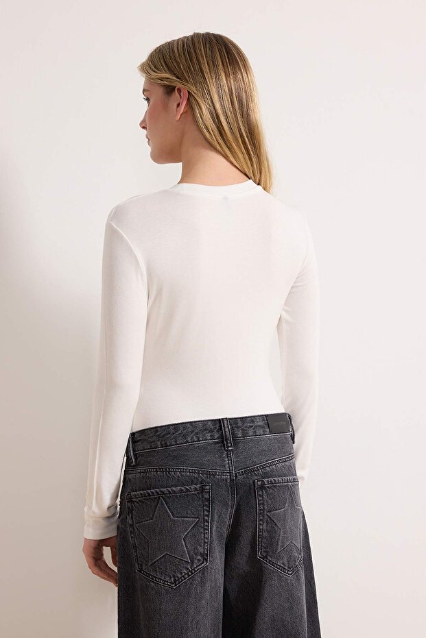 Ekru Bisiklet Yaka Slim/Vücuda Oturan Örme Body TWOAW25BD00014 - 4