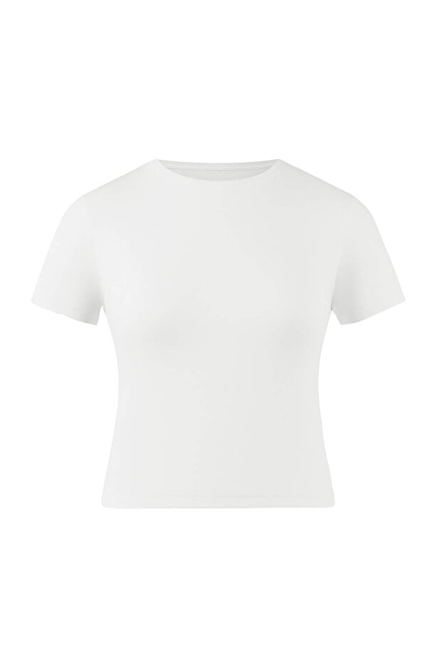 Beyaz Esnek Fitted Basic Bisiklet Yaka Kısa Boy Büyük Beden T-shirt TBBSS26BF00006 - 4