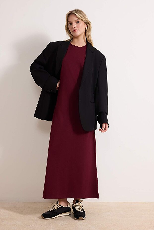 Siyah-Bordo 2'li Paket %100 Pamuk Astar İçlik Örme Elbise TCTAW22UK0110 - 5