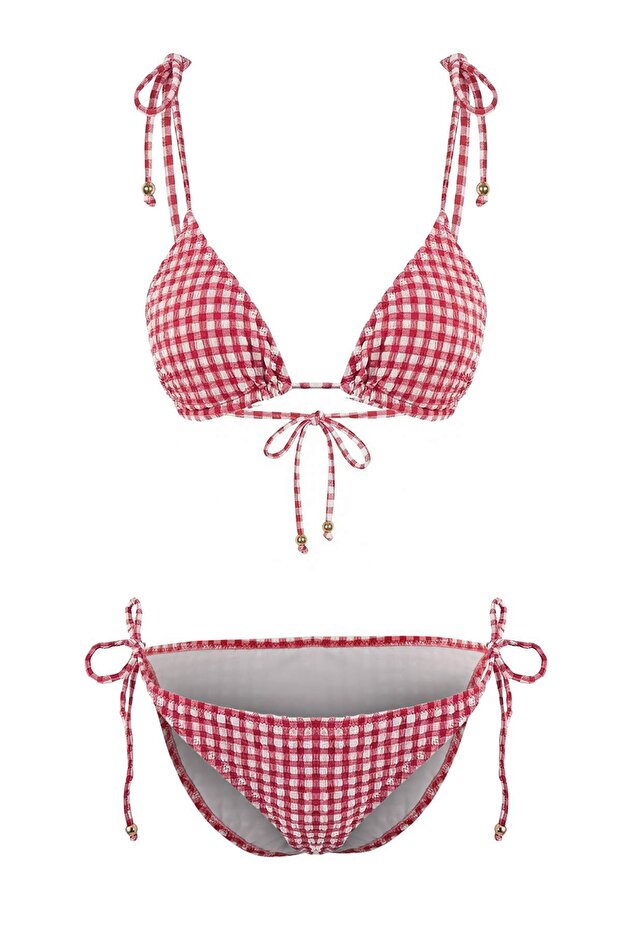 Kırmızı Ekose Dokulu Üçgen Kaplı Boncuk Aksesuarlı Düşük Bel Regular Bikini Takımı TBESS26BT00027 - 5