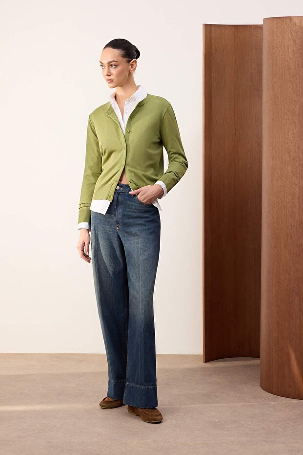 Wardrobe Essentials Yeşil Merserize Görünümlü Bisiklet Yaka Triko Hırka|TWOAW26HI00095 - 1