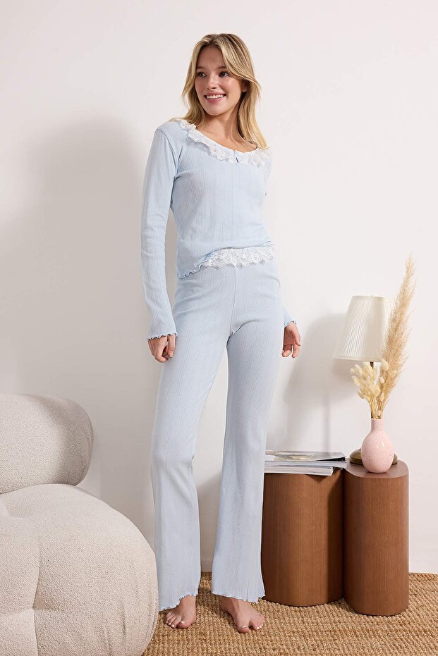 Açık Mavi %100 Pamuklu Dantel Detaylı Fitilli/Pointel Örme Pijama Takımı THMSS26PT00016 - 2