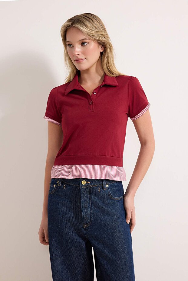 Bordo Regular/Normal Kalıp Polo Yaka Dokuma Detaylı Tok %100 Pamuk Örme Bluz TWOSS26BZ00263 - 2