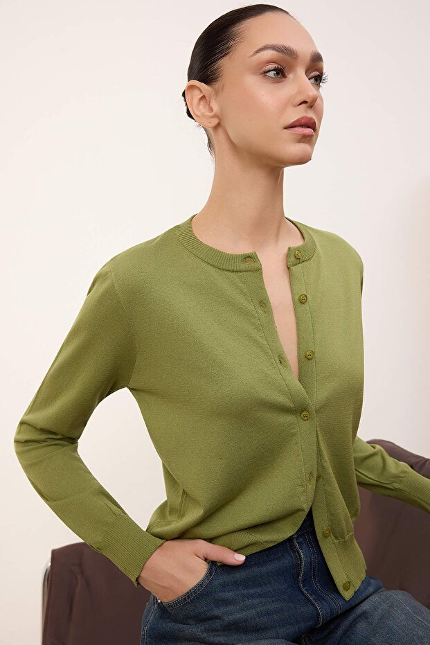 Wardrobe Essentials Yeşil Merserize Görünümlü Bisiklet Yaka Triko Hırka|TWOAW26HI00095 - 2