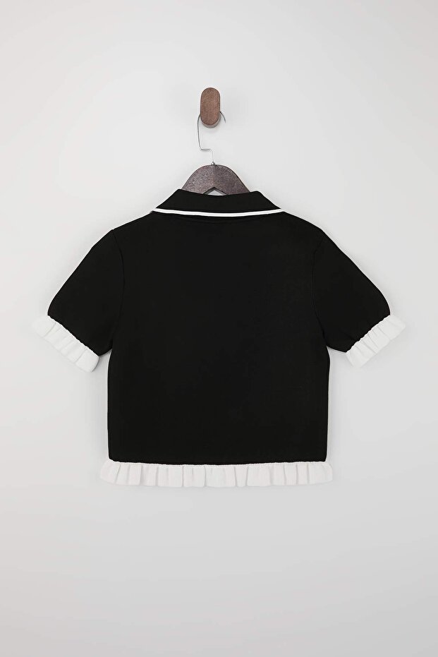 Siyah Polo Yaka Volan Detaylı Crop Renk Bloklu Triko İnce Bluz TWOSS26BZ00296 - 7
