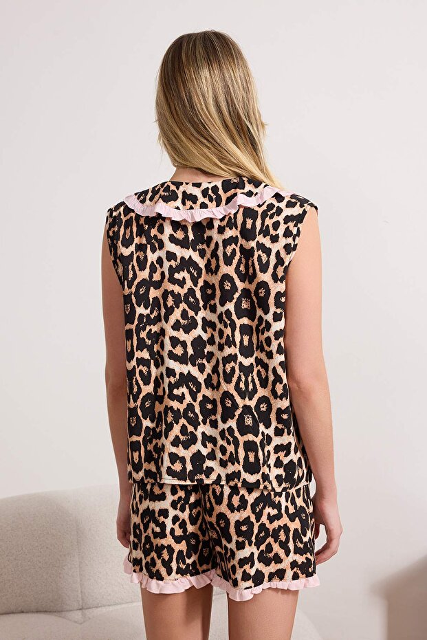 Çok Renkli Leopar Desenli Fırfırlı Viskon Dokuma Pijama Takımı THMSS26PT00040 - 4