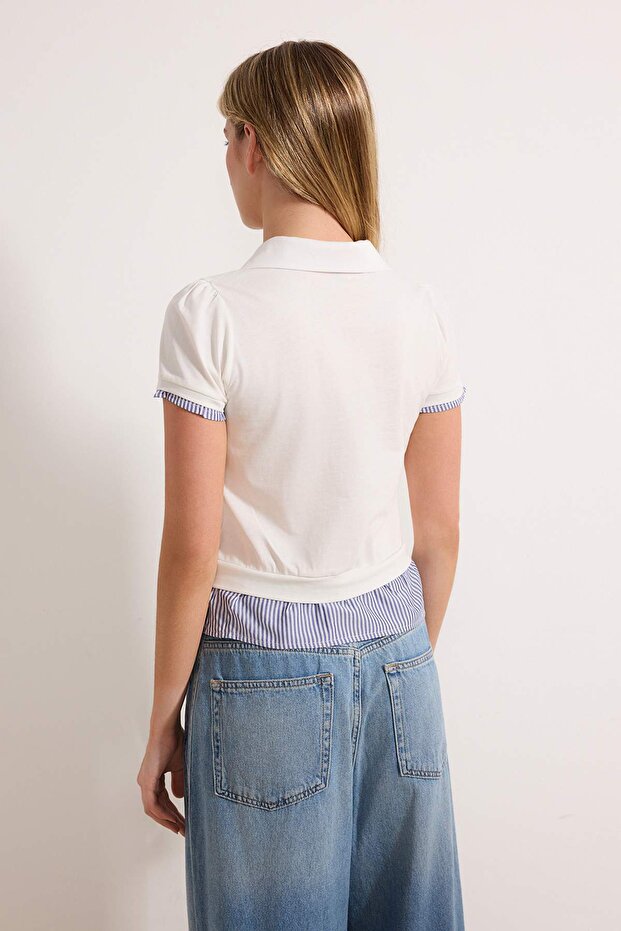 Ekru Regular/Normal Kalıp Polo Yaka Dokuma Detaylı Tok %100 Pamuk Örme Bluz TWOSS26BZ00263 - 4