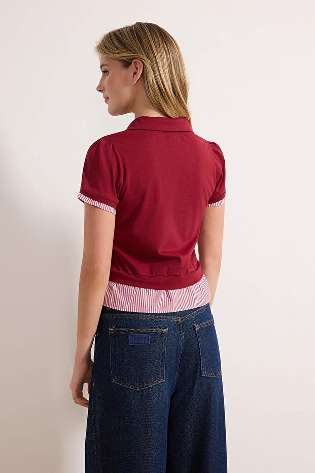 Bordo Regular/Normal Kalıp Polo Yaka Dokuma Detaylı Tok %100 Pamuk Örme Bluz TWOSS26BZ00263 - 4