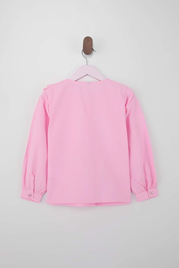 Pembe Kız Çocuk Bebe Yaka Dokuma Uzun Kollu Gömlek TKDSS26GO00002 - 4
