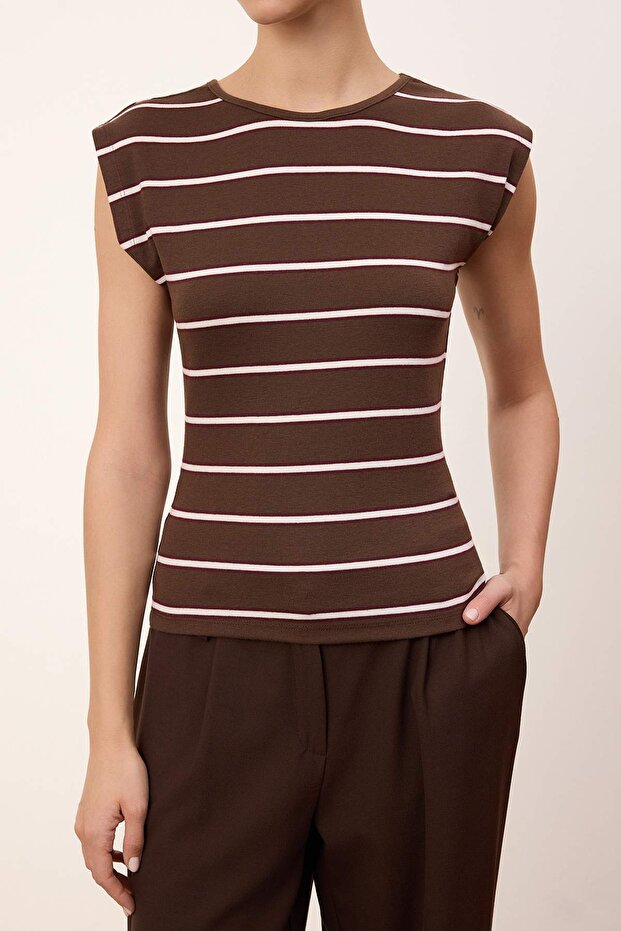 Wardrobe Essentials-Kahverengi Çizgili Fitted/Vücuda Oturan Yumuşak Örme Bluz TWOSS26BZ00108 - 3