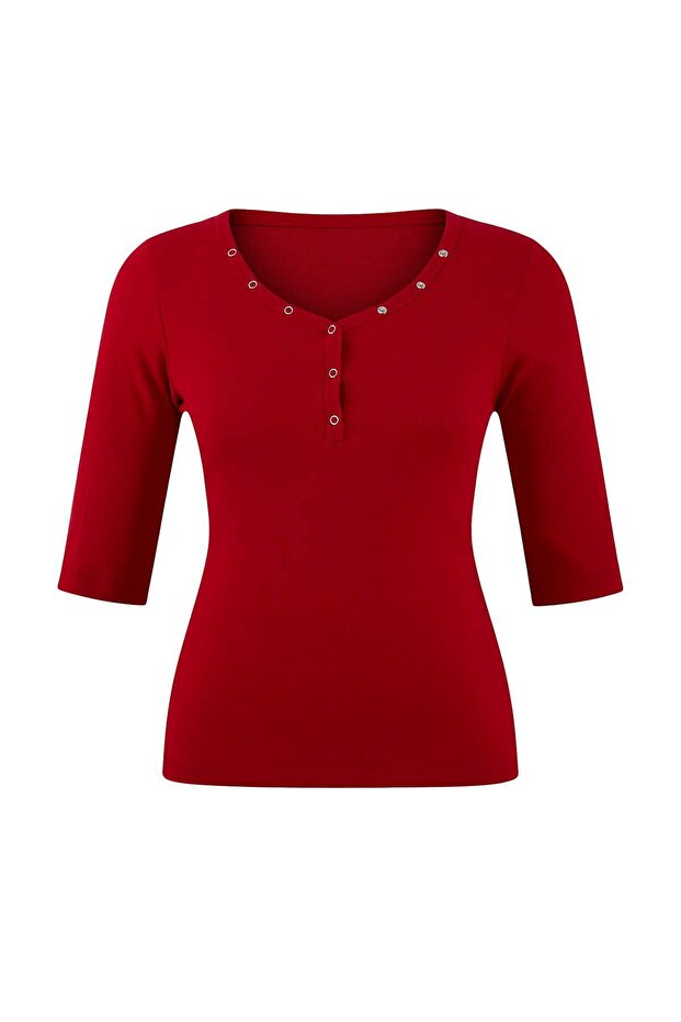 Kırmızı Soft Yumuşak Kumaşlı V Yaka Çıt Çıt Detaylı Örme Büyük Beden Bluz TBBSS26AF00044 - 4