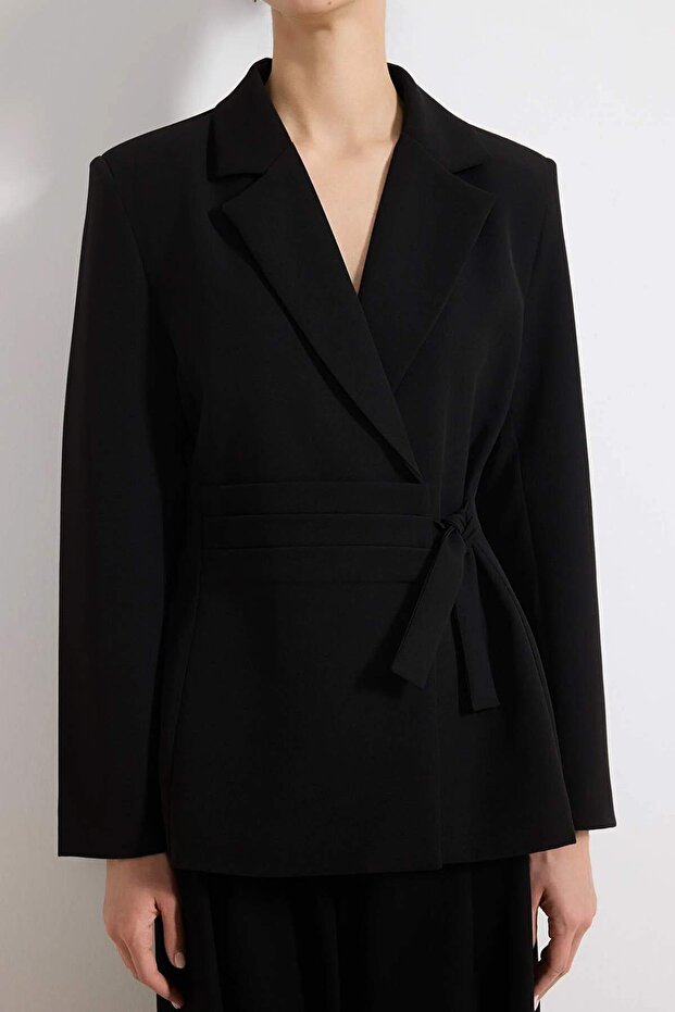 Siyah Kruvaze Kapama Astarlı Fitted Dokuma Blazer Ceket TWOSS26BC00022 - 4