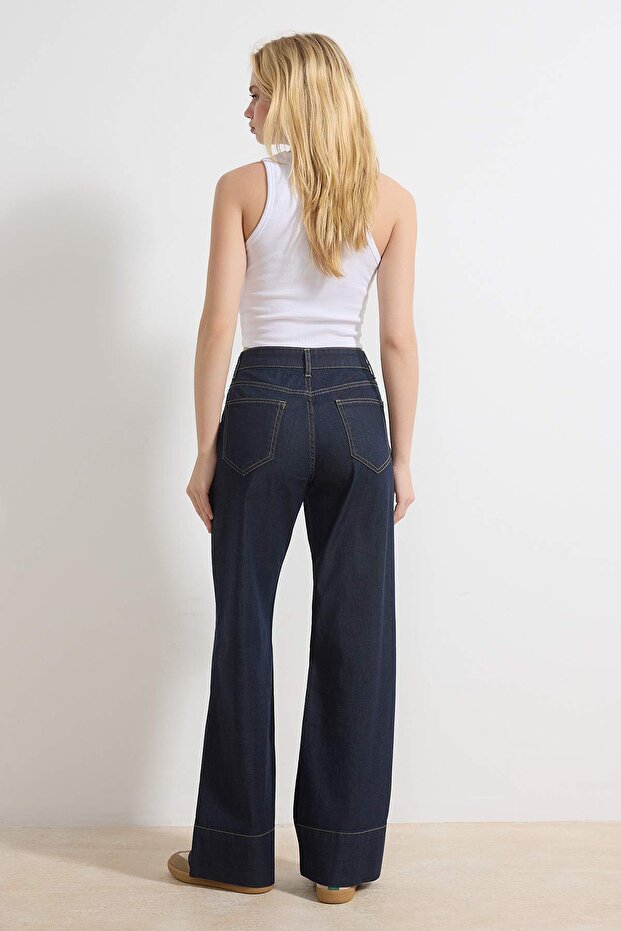 Koyu Mavi Cep Detaylı Yüksek Bel Ekstra Esnek Wide Leg Jeans TWOSS26JE00019 - 4