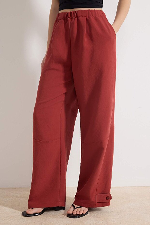 Kiremit Tensel Yumuşak Tuşeli Beli Lastikli Wide Leg/Geniş Paça Pantolon TWOSS26PL00055 - 3
