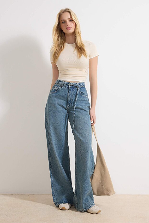 Mavi Kemerli Yüksek Bel Geniş Paça Wide Leg %100 Pamuk Jeans TWOSS26JE00085 - 1