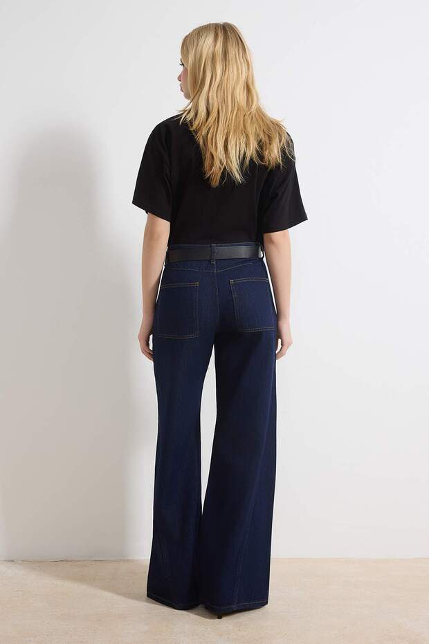 Koyu Mavi DÖKÜMLÜ Kemerli %100 Pamuk Normal Bel Wide Leg Jeans TWOSS26JE00076 - 4